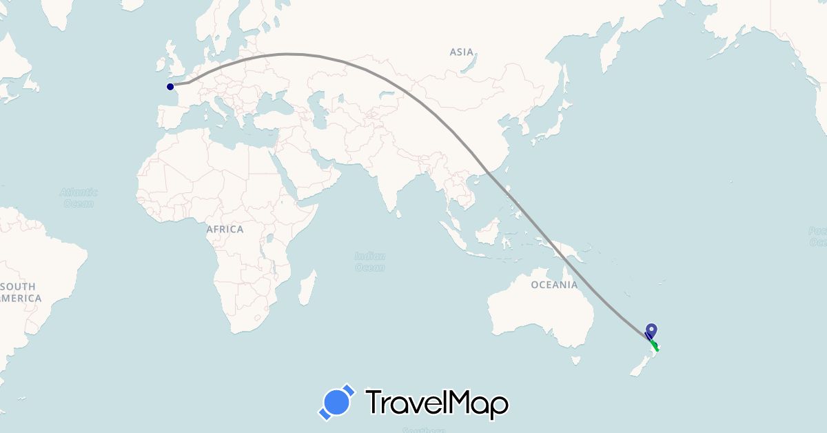 TravelMap itinerary: driving, bus, plane, hiking in France, Hong Kong, New Zealand (Asia, Europe, Oceania)